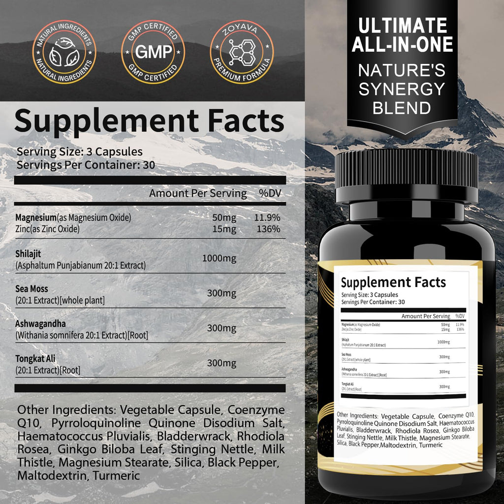 Uheco Shilajit Supplement with Sea Moss, Ashwagandha, Tongkat Ali - Shilajit Pure Himalayan Organic Fulvic Acid Capsules - 90 Count