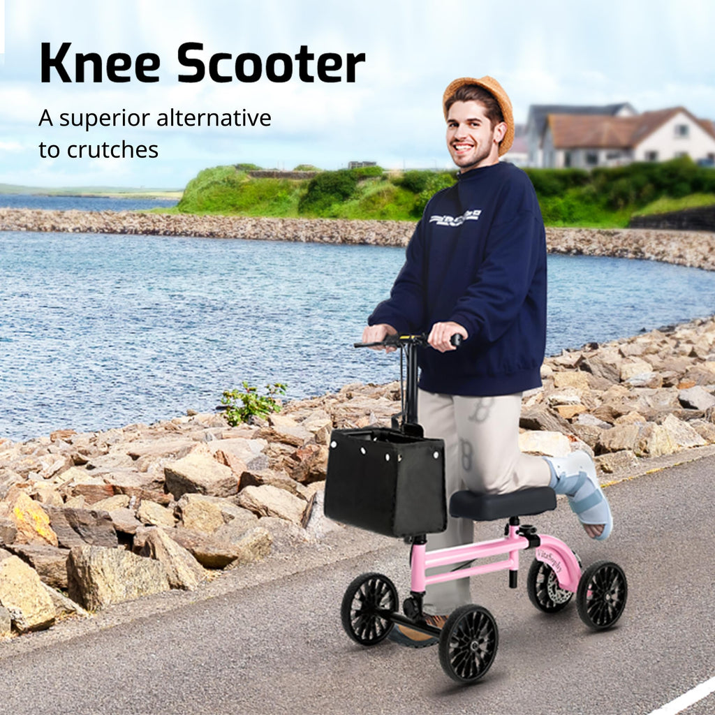 VitaSophy Knee Scooter with Disc Brake, Steerable Knee Walker for Adults,Foldable Rover Scooter for Broken Foot Injured Leg Crutch,Pink