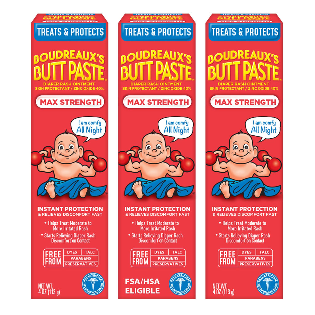Boudreaux’s Butt Paste Maximum Strength Diaper Rash Cream, 4 Oz, Pack of 3
