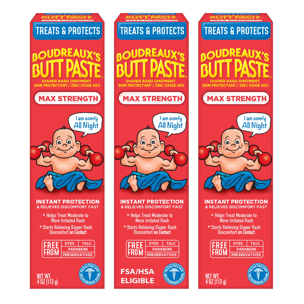Boudreaux’s Butt Paste Maximum Strength Diaper Rash Cream, 4 Oz, Pack of 3