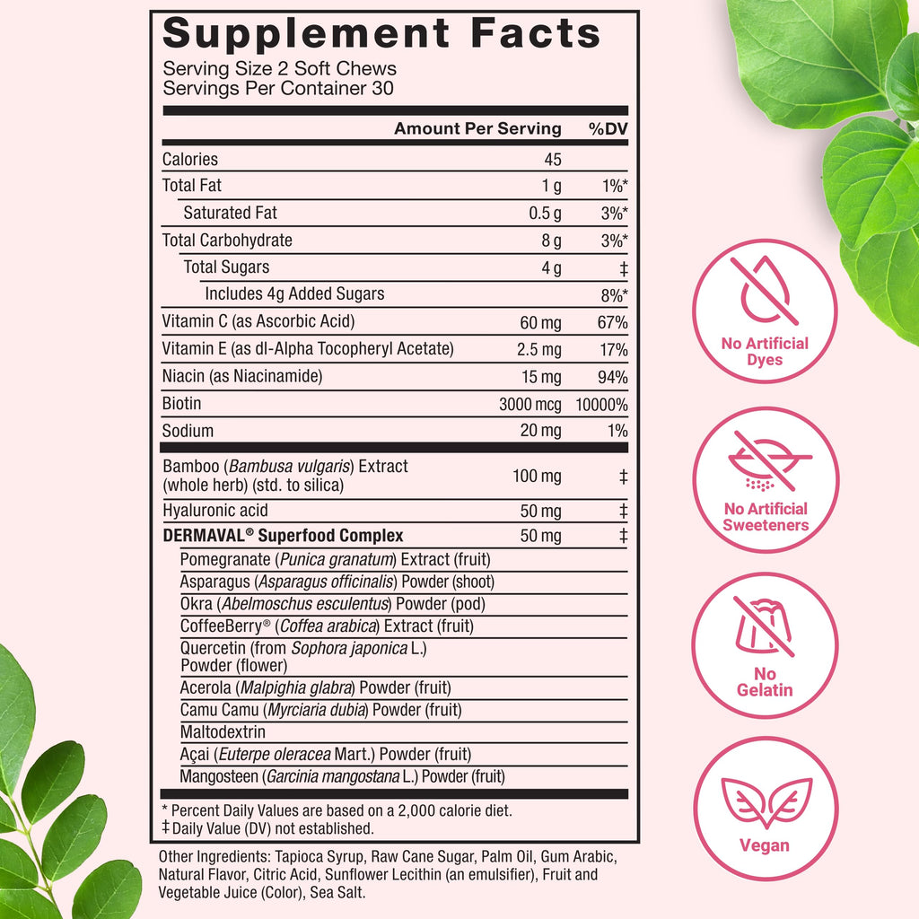 FORCE FACTOR Collagen Boosting Superfoods, Vegan Collagen Booster for Women, With Biotin, Hyaluronic Acid, and Vitamin C, For Hair, Skin, Nails, & Joint Support, Tropical Fruit, 180 Soft Chews, 3-Pack