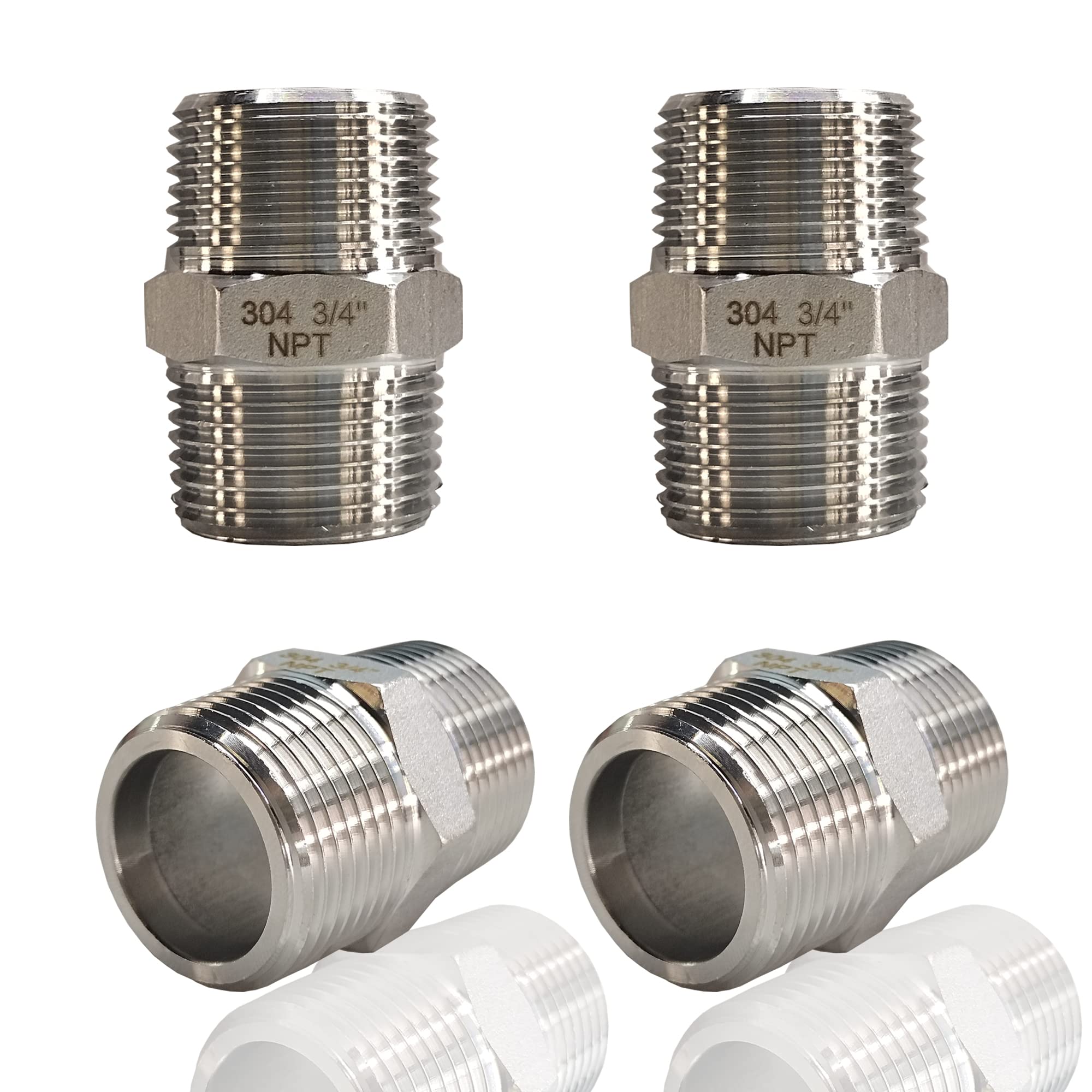 4PCS 3/4" x 3/4" NPT Male Hex Nipple Pipe Fittings, 304 Stainless Steel 3/4 inch MNPT Threaded Pipe Adapter Fittings Equal Nipples Straight Connector