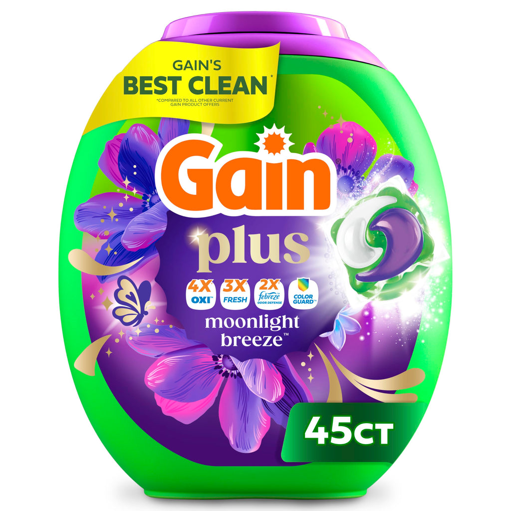 Gain Plus Flings Liquid Laundry Detergent Pods, Gain's Best Clean, All-In-One Pacs, Moonlight Breeze Scent, 45 Count