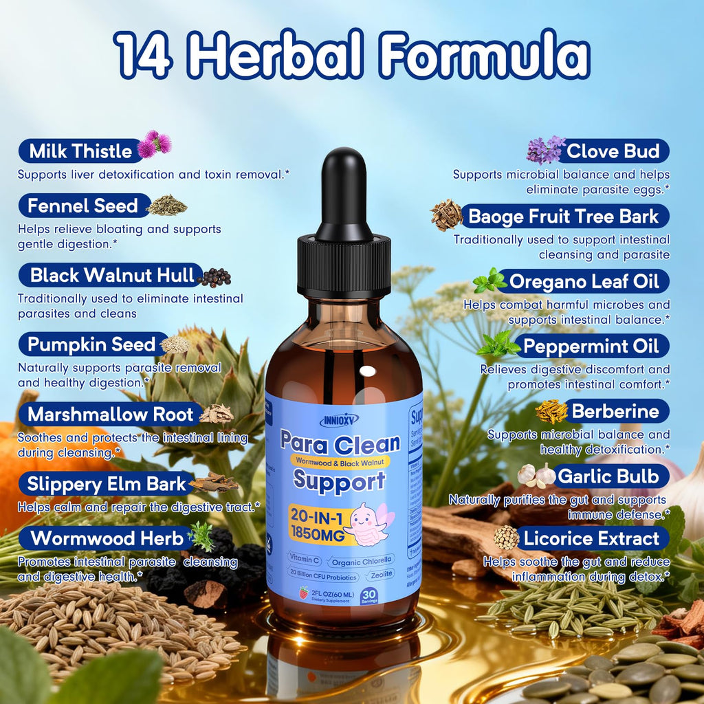 INNIOXV Parasite Cleanse for Humans & Kids, 20-in-1 Wormwood Black Walnut Clove Parasite Cleanse, Zeolite, Organic Chlorella, 20 Billion Probiotics, Liquid Detox Support, Alcohol-Free – 30 Servings
