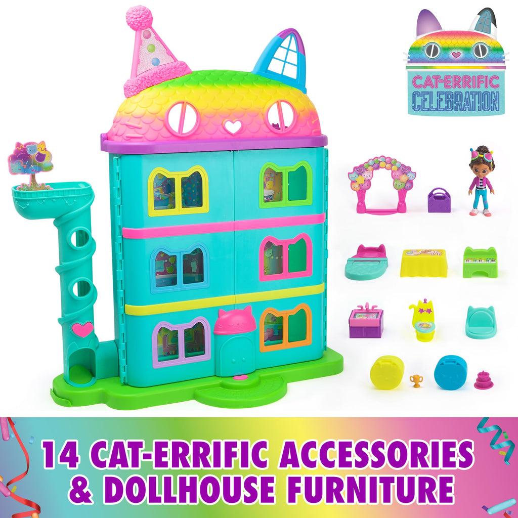 Gabby's Dollhouse, 14 Pc Celebration Dollhouse, 25-Inches Tall, with Toy Figures, Doll House Furniture & 10 Sounds, Kids Toys for Girls & Boys Ages 3+
