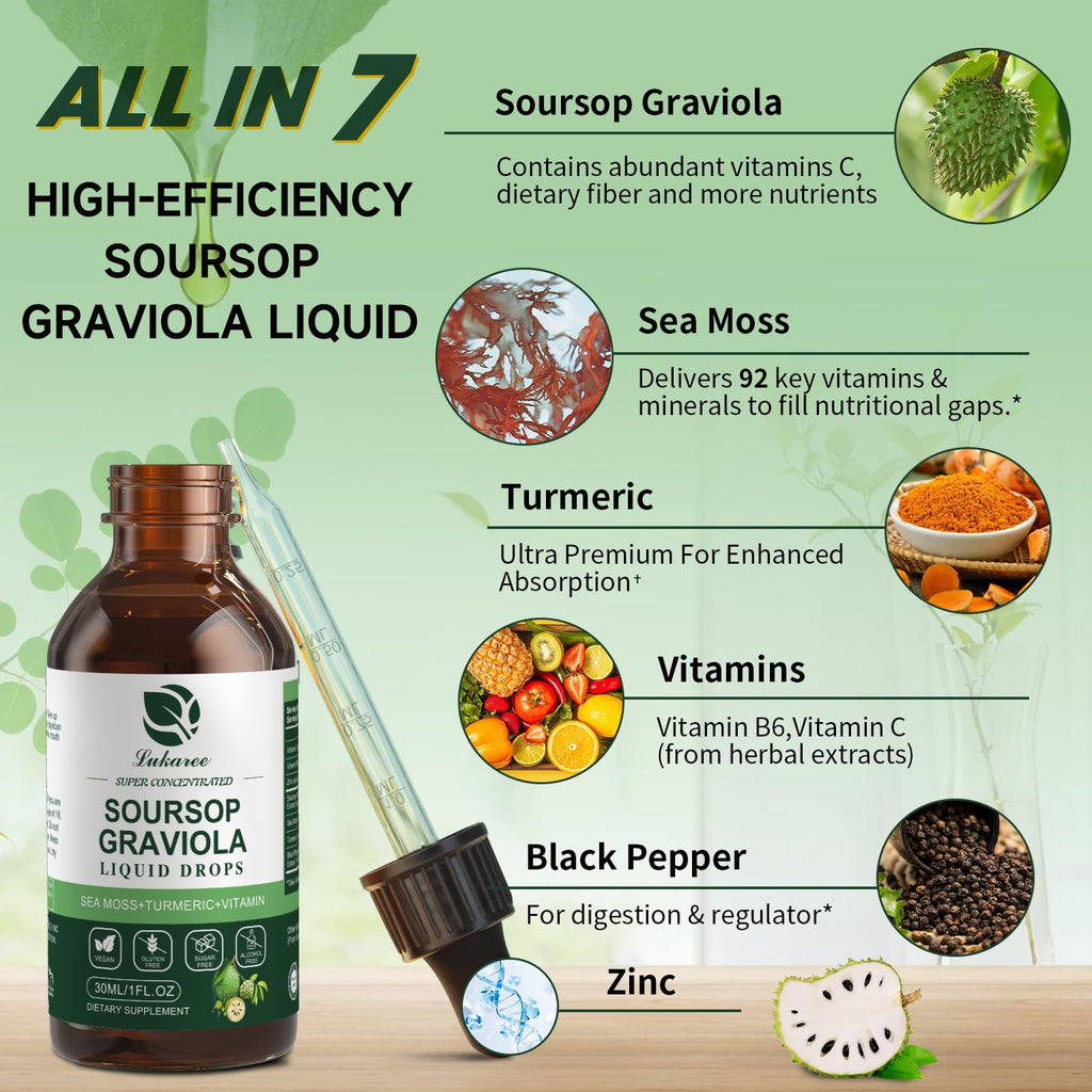 (2 Pack) Soursop Graviola Leaf Extract Liquid Drop Plus Pure Botanical Sea Moss for Cell Support & Regeneration, Immunity and Gut Health, Soursop Bitters Liquid丨Full Texture, Natural Flavor, 1 Fl Oz
