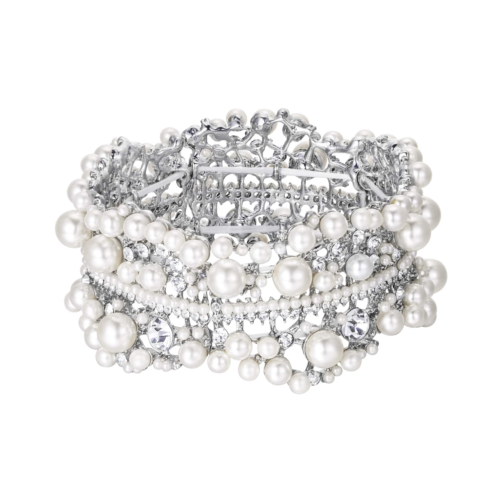 EVER FAITH Crystal Pearl Flower Bridal Stretch Bracelet for Women Bride