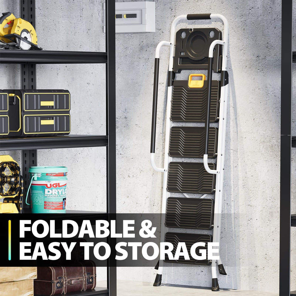 KINGRACK 5 Step Ladder, Step Stool 800 lbs Capacity with Safety Latch, Storage Tray, Handrail & Extra Wide Steps, Step Ladder 5 Step Folding for Home, Garden, Painting, Garage & Outdoor, White