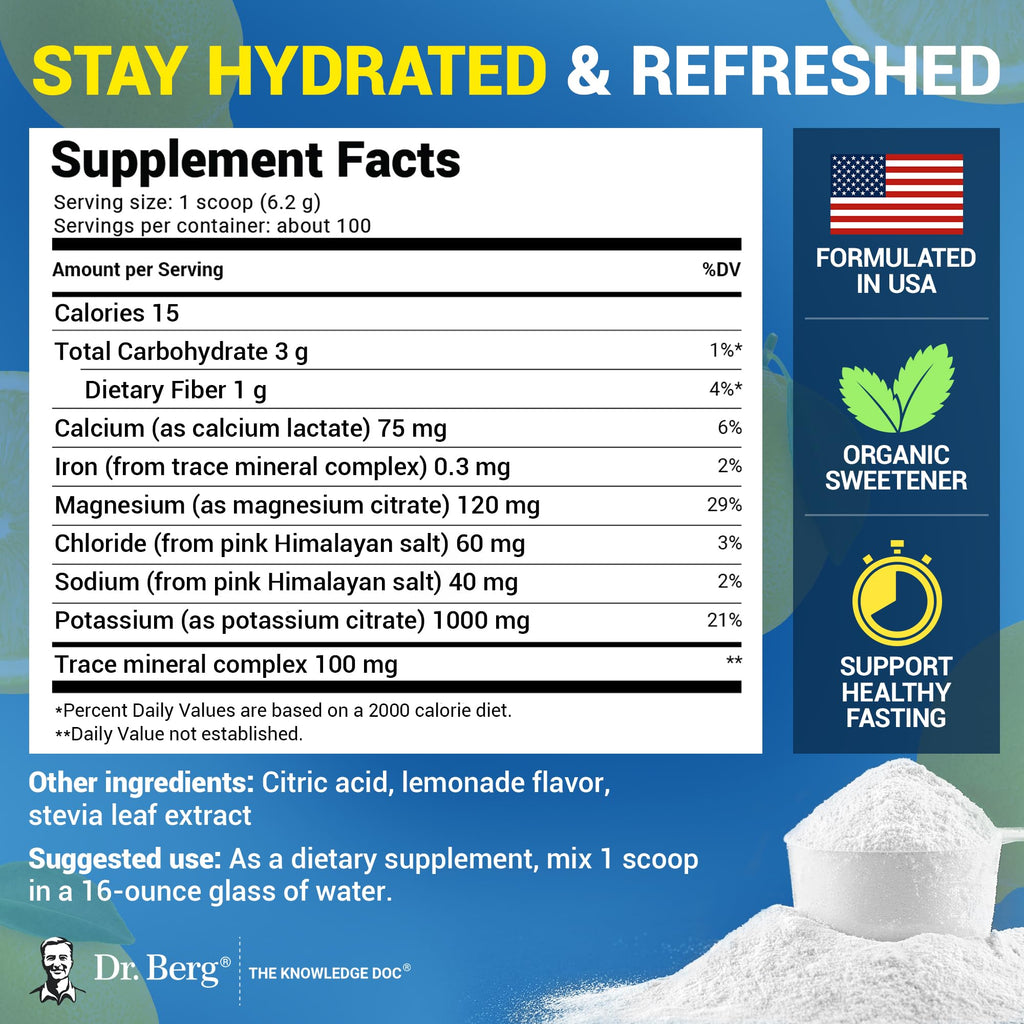 Dr. Berg Zero Sugar Hydration Keto Electrolyte Powder - Enhanced w/ 1000 mg of Potassium & Real Pink Himalayan Salt (NOT Table Salt) - Lemonade Flavor Hydration Drink Mix Supplement - 100 Servings