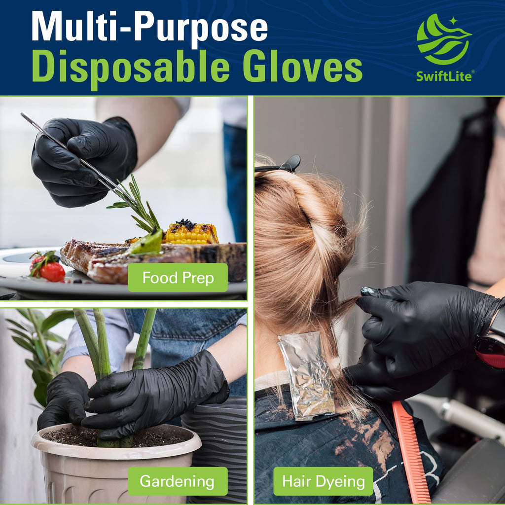 SWIFTLITE Nitrile Gloves, Disposable Black Gloves, Food Safe Rubber Gloves, Latex-Free, Powder-Free for Cooking, Cleaning, Food Prep (X-Large, 300 Counts)