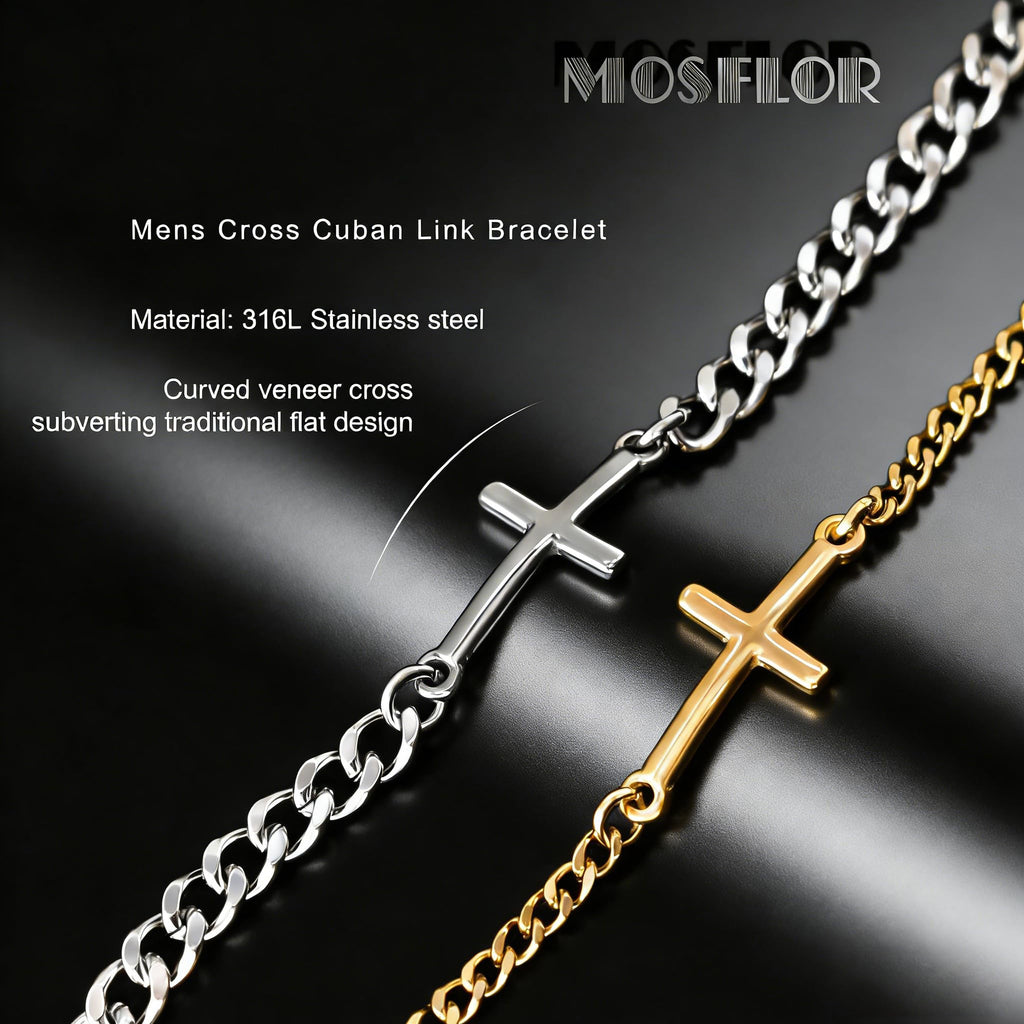 MosFlor Gold Cross Bracelets for Men, Mens Gold Bracelet Set Stainless Steel Cuban Link Chain Bracelets Stack Gold Jewelry Men's Accessories Gifts for Men Dad Him Husband Son Boyfriend