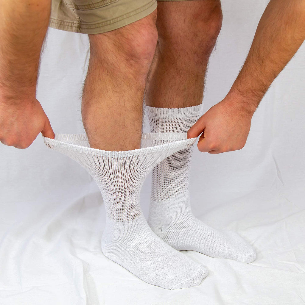 12 Pairs of Cotton Diabetic Neuropathy Crew Socks (10-13, Fits Mens shoe size 9-12, White)