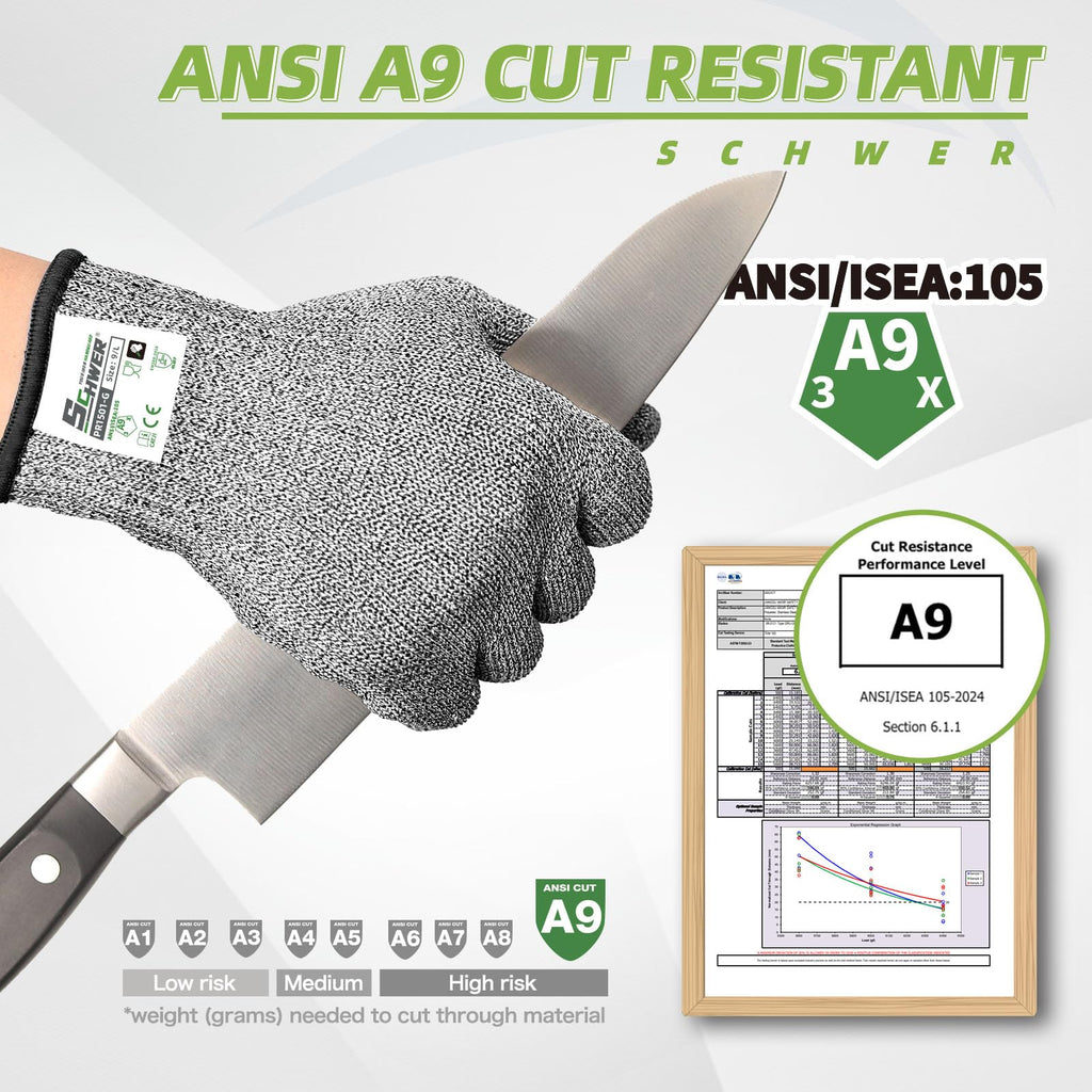 Schwer SlicePro ANSI A9 Cut Resistant Gloves, Food Grade Cutting Gloves for Kitchen Food Prep, Mandoline Gloves for Meat Cutting, Oyster Shucking, Fish Fillet Processing, PR1501-G, 2 Pairs, XL