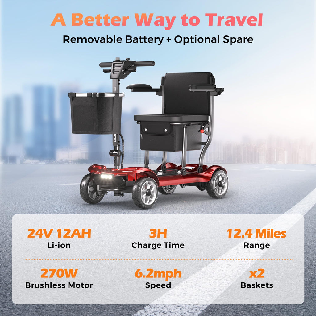 Lightweight Mobility Scooter for Adults & Seniors - Cruise & Airport Approved, 43lb Foldable Portable Motorized Scooters with Removable Lithium Battery for 12.4 Miles Travel, 300lb Capacity, Red