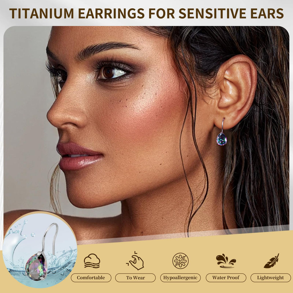Limerencia Hypoallergenic Pure Titanium Cubic Zirconia Dangle Hoop Earrings, Water drops CZ/Opal Lightweight Drop Earrings for Sensitive Ears Women