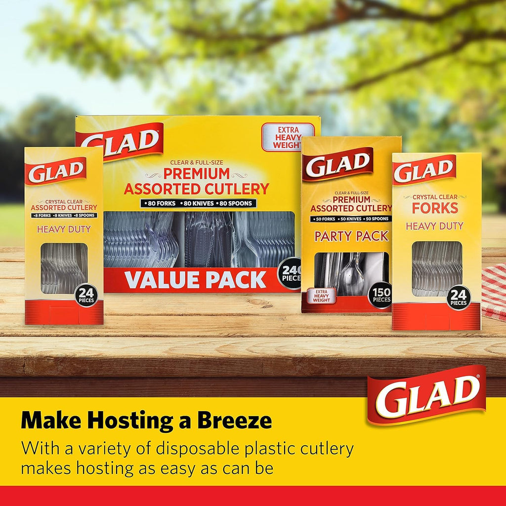 Glad Clear Heavy Duty Plastic Forks Reduced-Plastic Open Handle Break-Resistant Disposable or Reusable Cutlery Parties Camping Everyday Meals Standard Size 24 Count 12 Pack Everyday Events Home Use