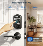 Veise Fingerprint Door Lock with 2 Lever Handles - Keyless Entry Door Lock, Electronic Keypad Deadbolt, Digital Smart Code & Front Handle Sets, Auto-Locking, Easy Installation, Matte Black