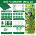 Qinzave 256PCS Garden Stakes Set with 75PCS 16 Inch Fiberglass Plant Sticks and Stake Arms, DIY 4ft 5ft 6ft 7ft 8ft Tomato Stakes, Garden Stakes for Vegetables Tomato Pepper Indoor Outdoor Plants