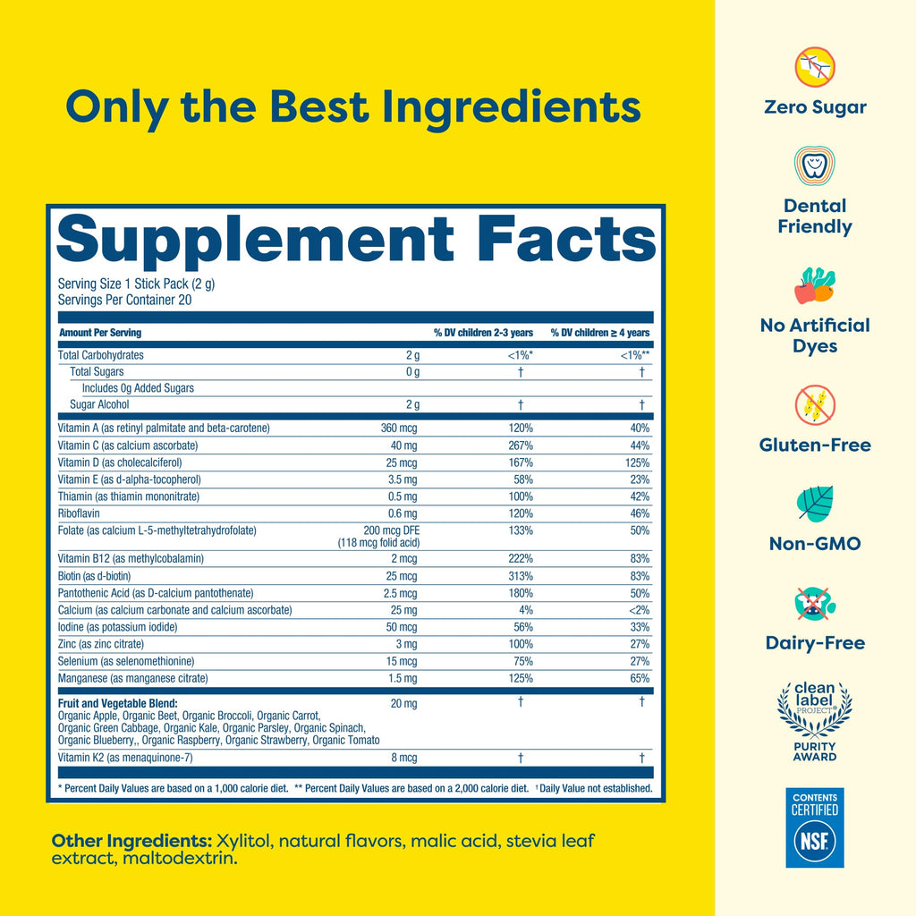 Hiya Kids Multivitamin – 15+ Essential Vitamins & Minerals with Fruits & Veggies for Ages 2+, Supports Growth, Development & Immune, 0g Sugar – 20 Stick Packs for Toddlers & Kids