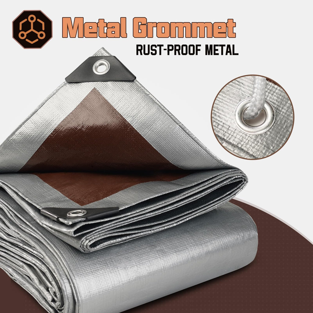 20 x 30 FT Waterproof Heavy Duty Tarp, 10 Mil Thick, Outdoor Furniture Covers, Plastic Insulated Tarpaulin for Camping Tent Roof Boat Patio Pool Cover, Large & Small Multi-Size Tarps, Silver/Brown