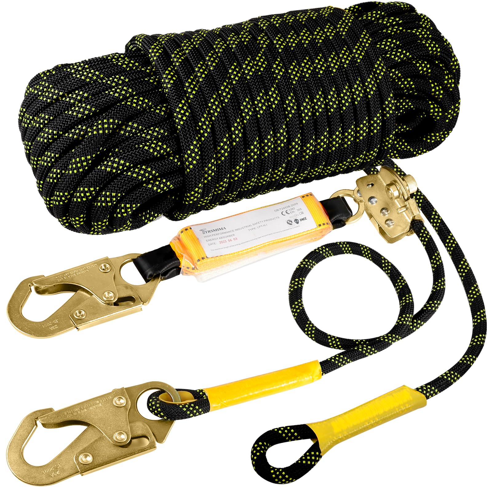 TRSMIMA Rope Harness Safety Lanyard：100ft Vertical Roofing Rope with Grab Snap Hooks Shock Absorber - Fall Protection Tree Climbing Line Kit Heavy Duty Roof Safety Equipment ANSI CE