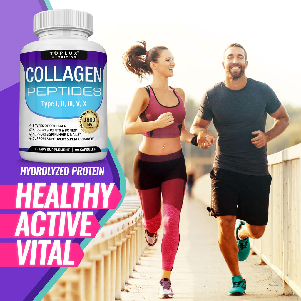 Toplux Multi Collagen Peptides Pills 1800 Mg Complex - Type I, II, III, V, X Premium Collagen Complex for Better Skin & Hair, Strong Joint, Hydrolyzed Protein, for Men Women, 90 Capsules, Supplement