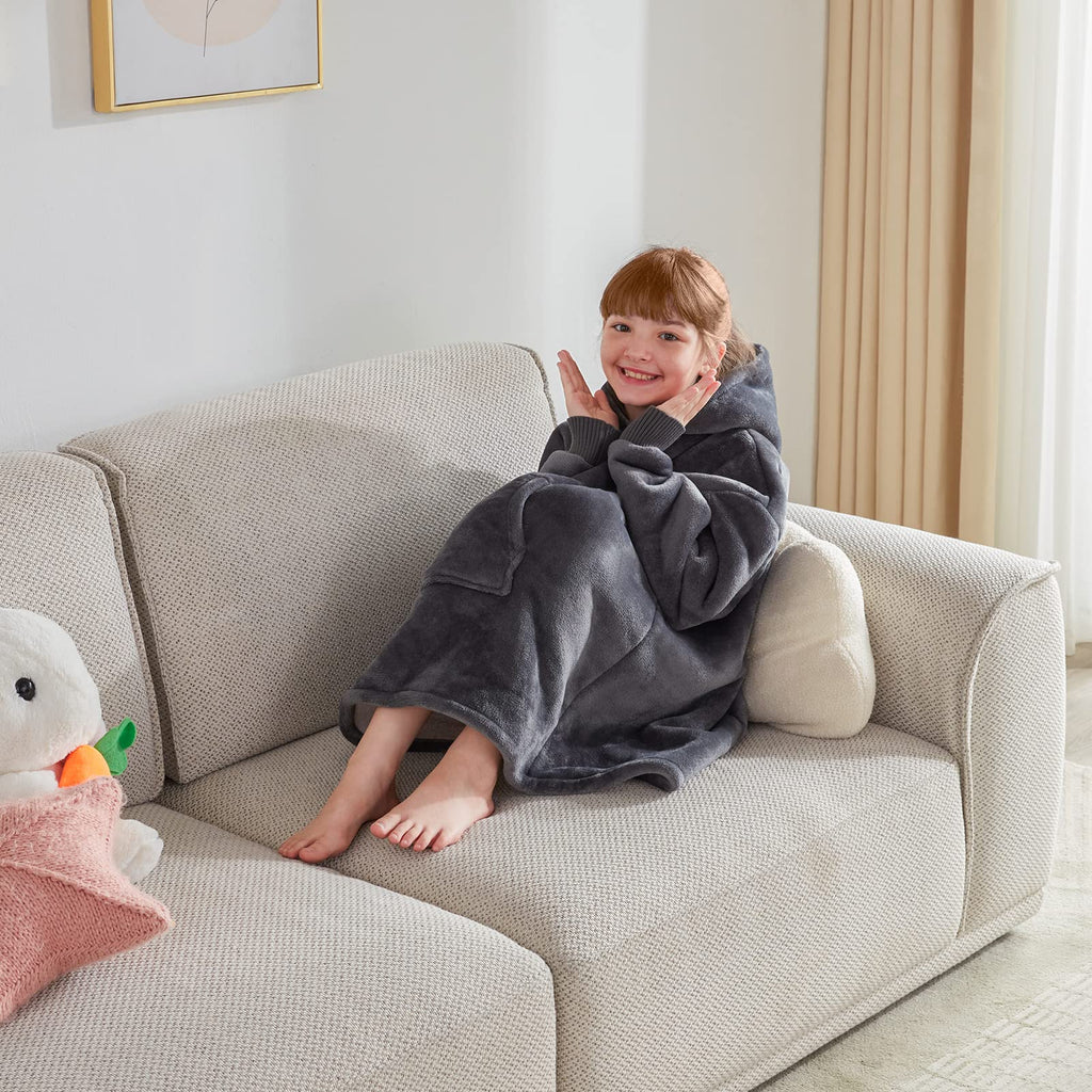 Touchat Wearable Blanket Hoodie for Kids & Teens 6-13 Year Old, Oversized Sherpa Fleece Sweatshirt with Pocket, Soft Cozy Hooded Blankets Christmas Birthday Gift for Boys and Girls, Grey
