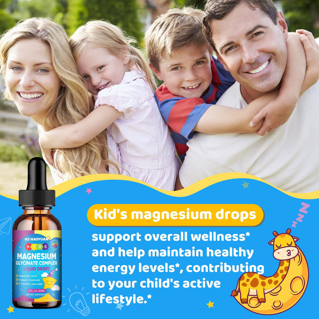 Kids Magnesium Glycinate Liquid Drops‌ – with L-Theanine, Omega-3, Vitamins B6 & D3, Zinc & Calcium – for Sleep Support, Relaxation, Focus & Brain, Bones – Mixed Berry Flavor, 2 Fl Oz
