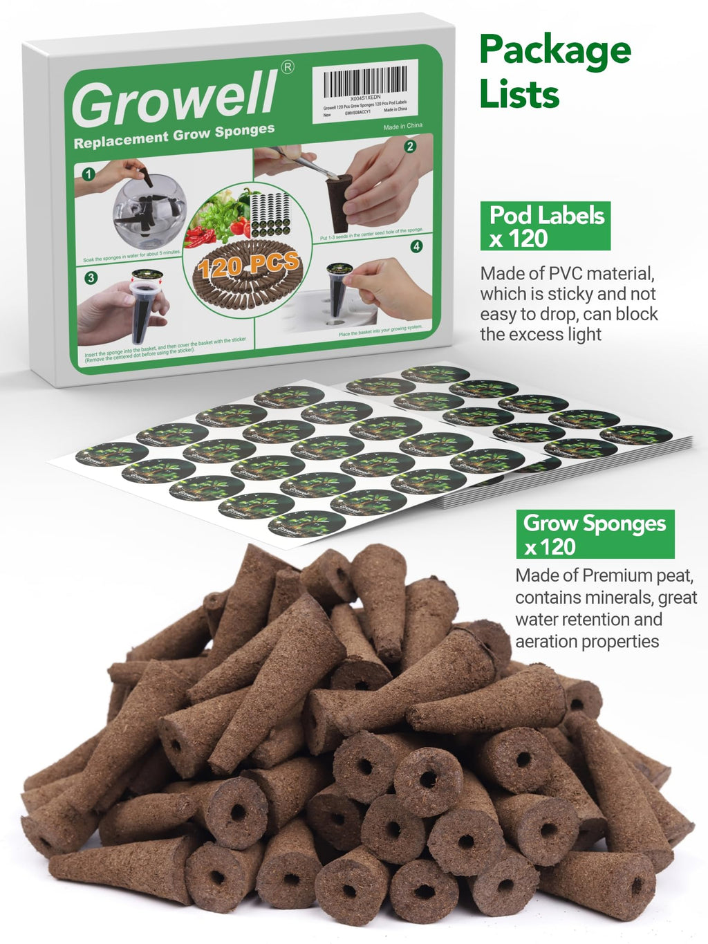 Growell 240 Pcs Hydroponic Pods Kit, 120 Grow Sponges & 120 Pod Labels