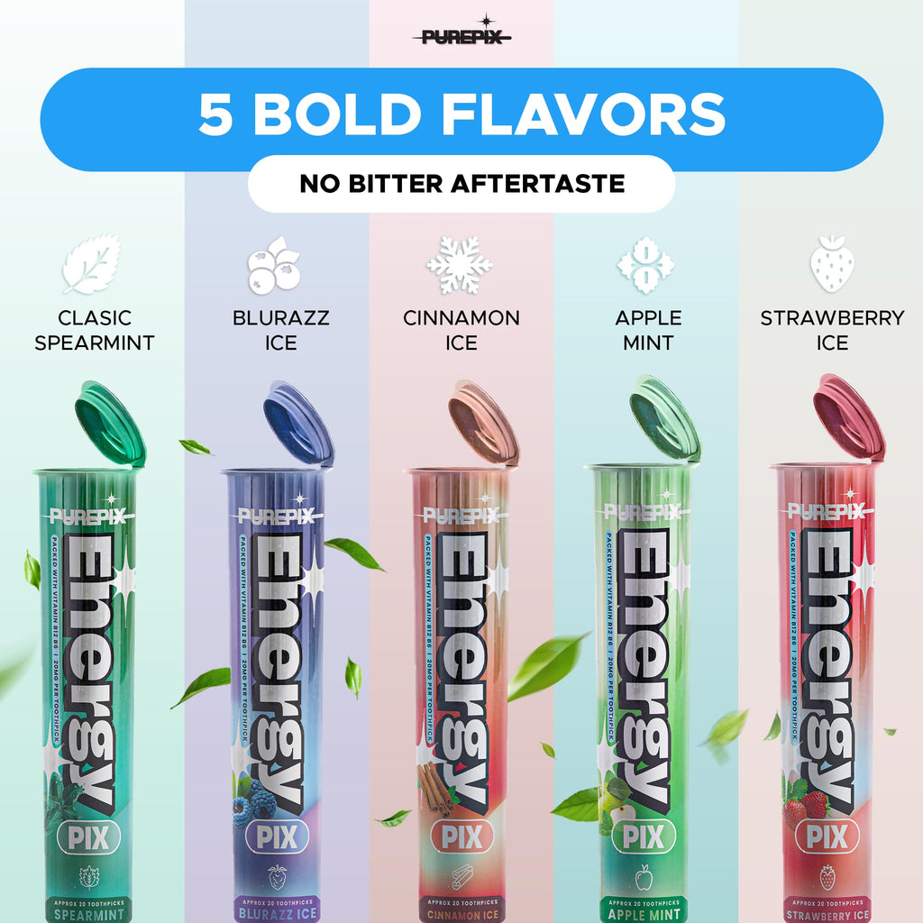PurePix Energy Flavored Toothpicks with B12 & L-Theanine in 5 Bold Flavors (Apple Mint, Blurazz Ice, Cinnamon Ice, Spearmint, Strawberry Ice), 20mg Caffeine Birchwood Infused Toothpick, (5×20 Count)