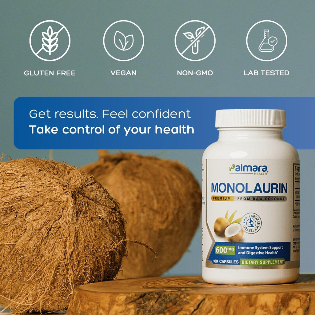 Palmara Health Premium Monolaurin 1,200mg per 2 capusle Serving, 1 Pack (100 Capsules)