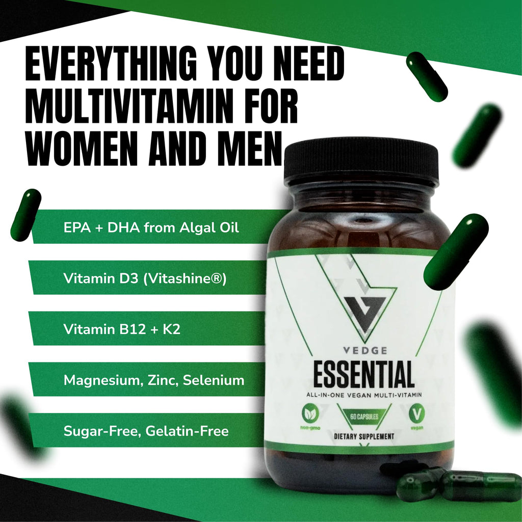 VEDGE Vegan Omega 3 Multivitamin for Women and Men – Plant-Based Algal EPA & DHA + Vitamin B12, Vitamin D, K2, Magnesium, Zinc & Selenium – 30-Day Supply – Non-GMO, Gluten Free, Made in USA