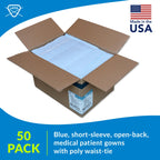 Avalon 813 Patient Gowns, Blue (Pack of 50) ― Tissue/Poly/Tissue ― Open-Back, Waist-Tie, Short-Sleeve Medical Gowns ― Disposable Exam Gowns ― Standard Size 30” x 42” ― Latex-Free Medical Supplies
