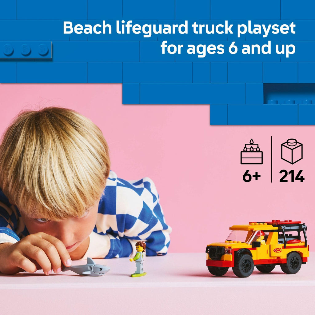 LEGO City Lifeguard Beach Rescue Truck Toy - Building Toy for Kids, Boys and Girls, Ages 6+ - Includes 2 Minifigures, Shark Toy - Gift for Beach-Loving Kids - 60453