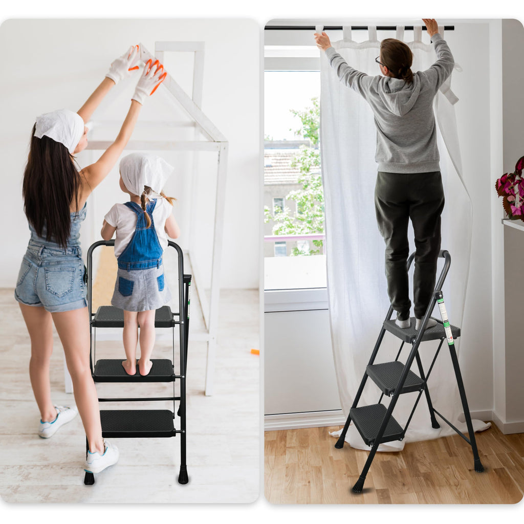 Arbusb Step Ladder, Folding Step Stool with Wide Anti-Slip Pedals, Sturdy Steel Ladder with Handrail, Space-Saving, Portable for Home & Adults, 3 Step Ladder
