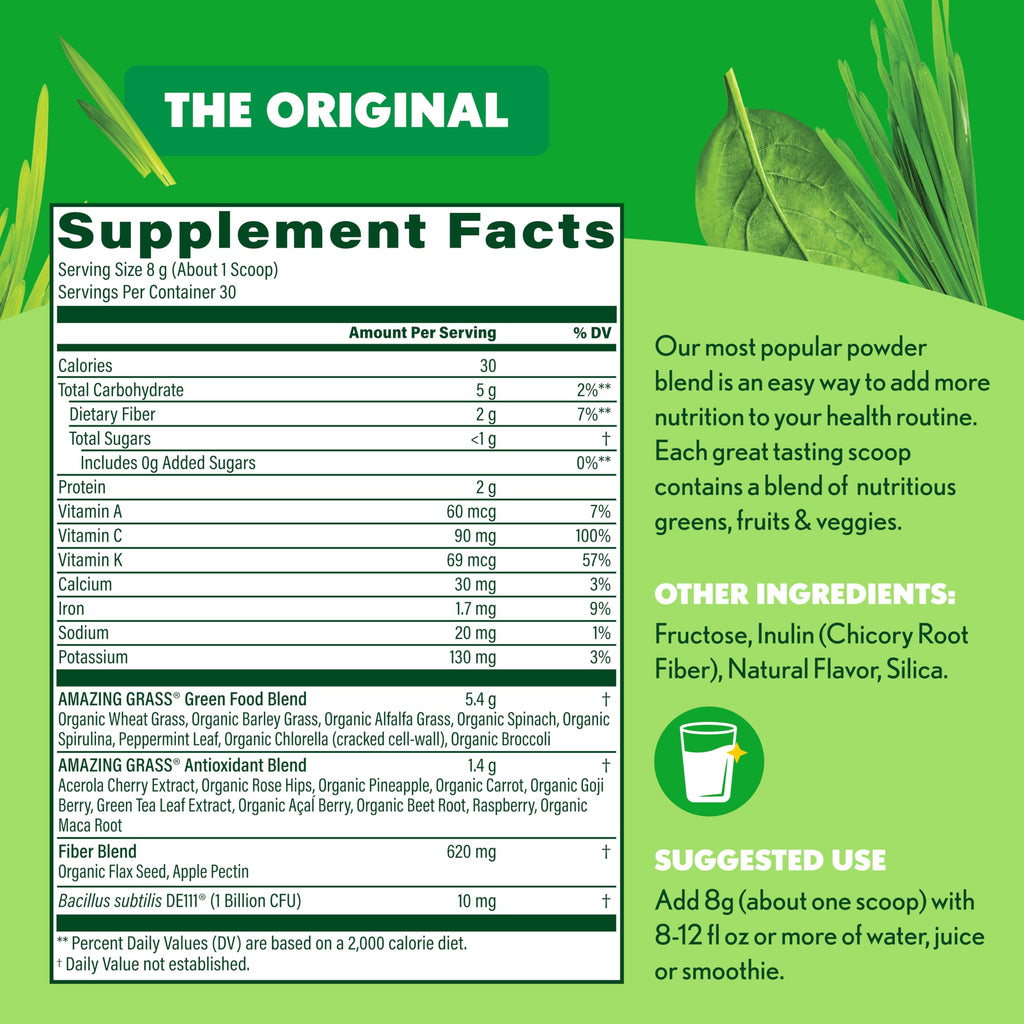 Amazing Grass Super Greens Powder, Organic, Greens Superfood Powder, Smoothie Supplements, Supports Digestion, Probiotics, Spirulina, Beet Root, Original, 30 Servings, 8.5 Ounce (Packaging May Vary)