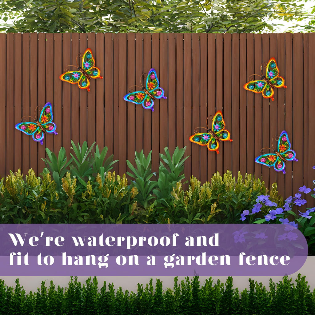 YIWEMON 2 Pack Metal/Glass Butterfly Wall Decor, 14.2" Outdoor Fence Wall Art Decor, Wall Sculpture Hanging Decoration Perfect for Garden Yard Living Room Bedroom Patio Balcony