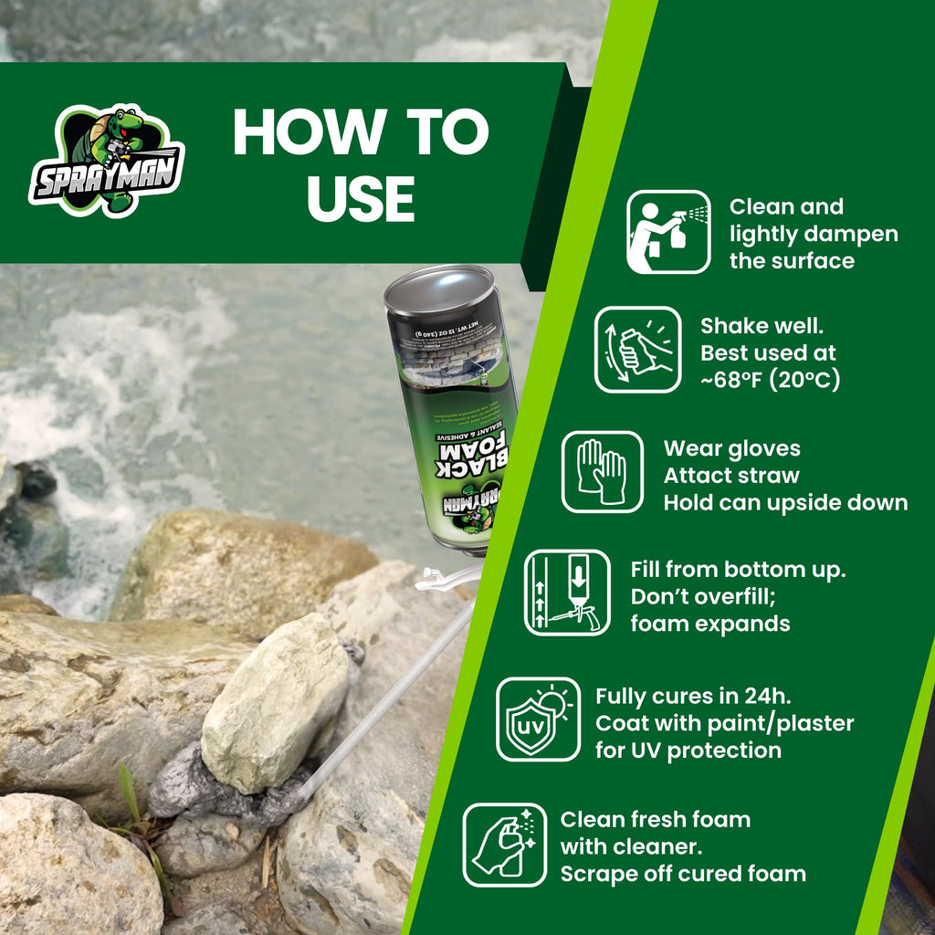 Sprayman Black Waterfall Foam Sealant - (2x12oz) Expanding Polyurethane Pond Foam Sealer, UV Resistant, Water Proof Spray for Landscape & Exterior, Straw Use, 2 Pack