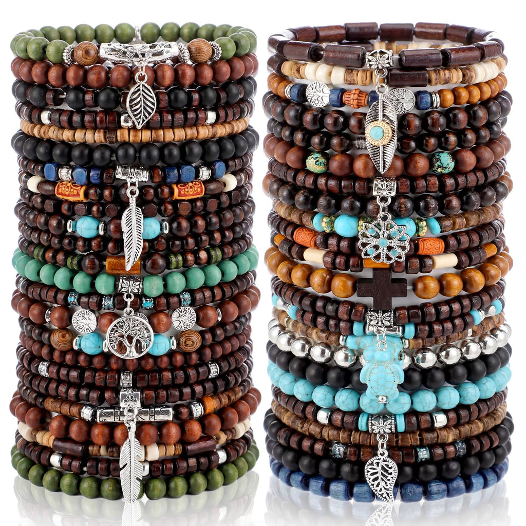 Tondiamo 48 Pcs Punk Wooden Beads Bracelets Gothic Bracelet for Men