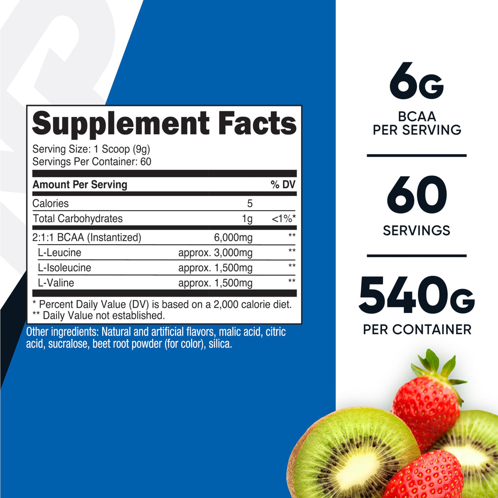 Nutricost BCAA Powder (Strawberry Kiwi) 60 Servings - Optimal 2:1:1 Ratio