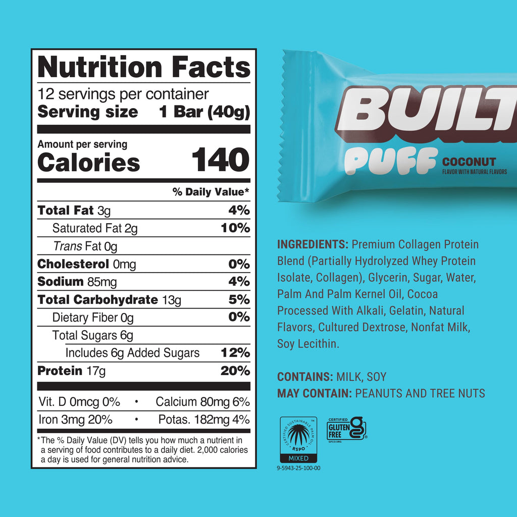 BUILT Puff Protein Bars, Coconut Puff, High Protein Bars, 17g High Protein Snacks, On-The-Go Bars, only 140 Calories, 6g Sugar, Collagen, Gluten Free, 12 Count