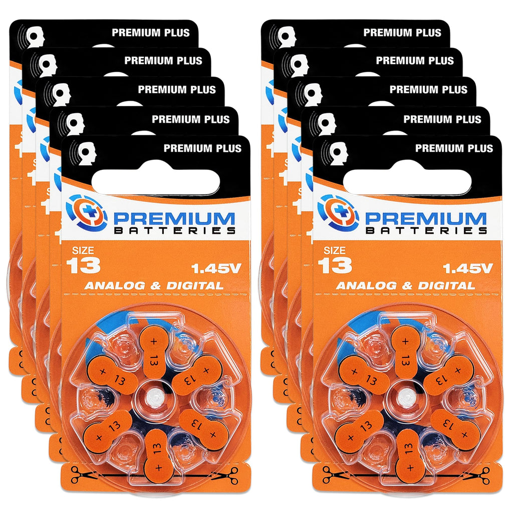 Premium Plus Size 13 PR48 Hearing Aid Batteries Orange Tab (60 Batteries)