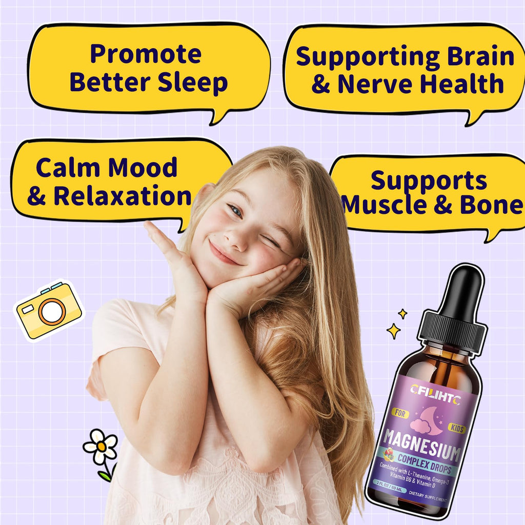 Kids Magnesium Liquid Drops-Magnesium Glycinate Liquid for Kids Supplement-w/L-theanine, Omega-3, Vitamin B6, D3 - for Sleep, Relaxation, Brain, Bones - Mixed Berry Flavor, 4 Fl Oz