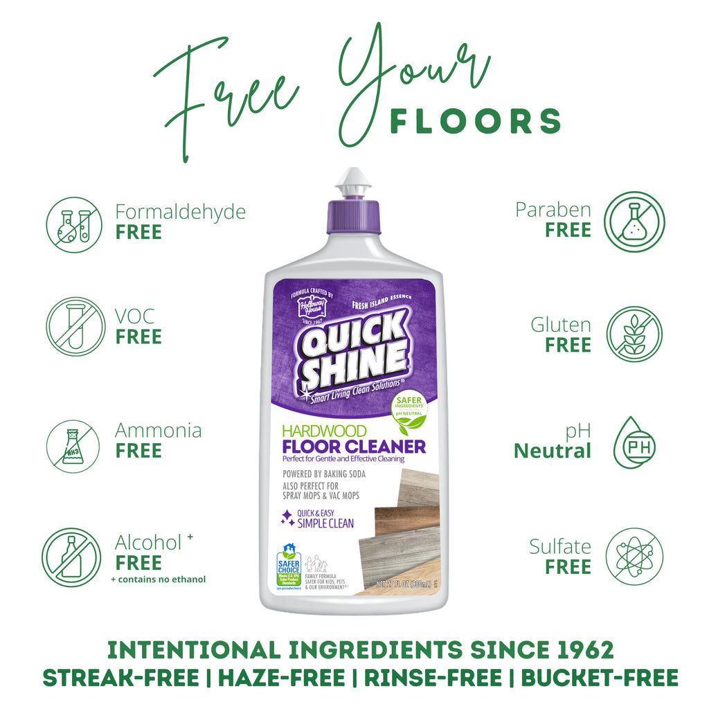 Quick Shine Hardwood Floor Cleaner & Wood Floor Polish w/Plant-Derived Carnauba 27oz Bottles,Removes Scratches,Safer Choice,A Clean That Can Be Seen,(Pack of 4)