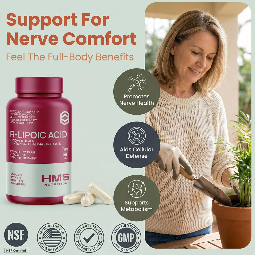 HMS Nutrition Stabilized R-Lipoic Acid 300 mg per Serving — Pure R Alpha Lipoic Acid (R-ALA) High Potency Active R Isomer Antioxidant Nerve & Metabolism Support — NSF Certified Non-GMO Vegan 60Capsule