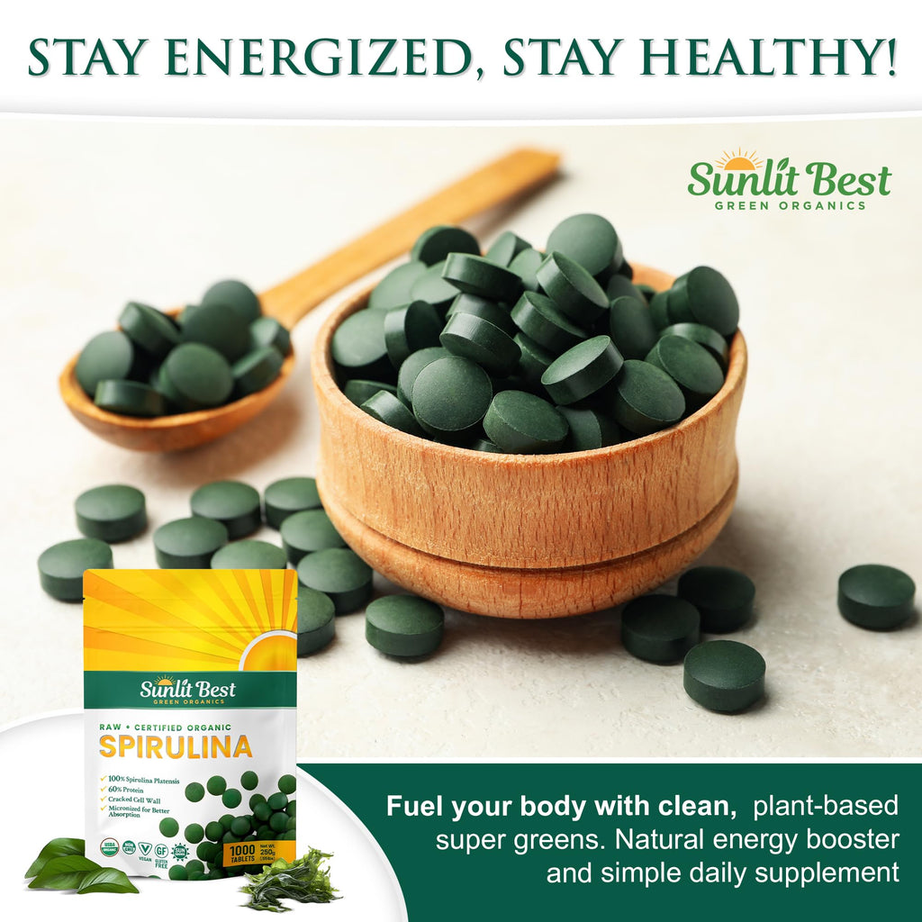Sunlit Best - USDA Organic Spirulina Tablet - Natural Super Greens Supplements for Immune Support, Gut Health & Boost Energy Tablets with Chlorophyll, Vegan & High Protein Non GMO, 1000 Superfood Tabs