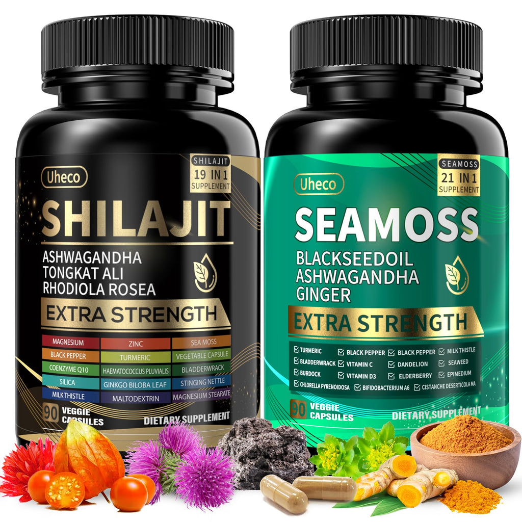 Shilajit and Sea Moss Vitality Bundle, Sea Moss 11000 mg, Shilajit 20000 mg, Black Seed, Ashwagandha, Turmeric, Bladderwrack, Burdock, Tongkat Ali, All in 1 Mineral Supplements