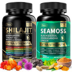 Shilajit and Sea Moss Vitality Bundle, Sea Moss 11000 mg, Shilajit 20000 mg, Black Seed, Ashwagandha, Turmeric, Bladderwrack, Burdock, Tongkat Ali, All in 1 Mineral Supplements
