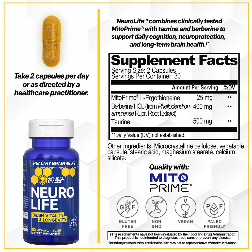 NeuroLife Longevity Supplement - 500mg Taurine & 400mg Berberine Supplement - Clinically Tested MitoPrime L-Ergothioneine - Brain Support for Cognitive Vitality - 60 Berberine Capsules