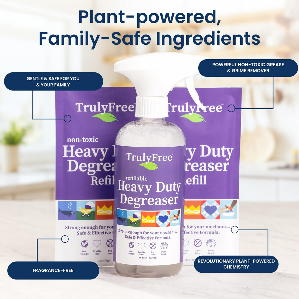 Truly Free Heavy Duty Degreaser- Grease Remover & Grime Cleaner for Kitchen, Automotive & More, Household Cleaning Supplies, Fragrance-Free, Includes 16 oz Reusable Empty Bottle & 2 Refills (4 oz)